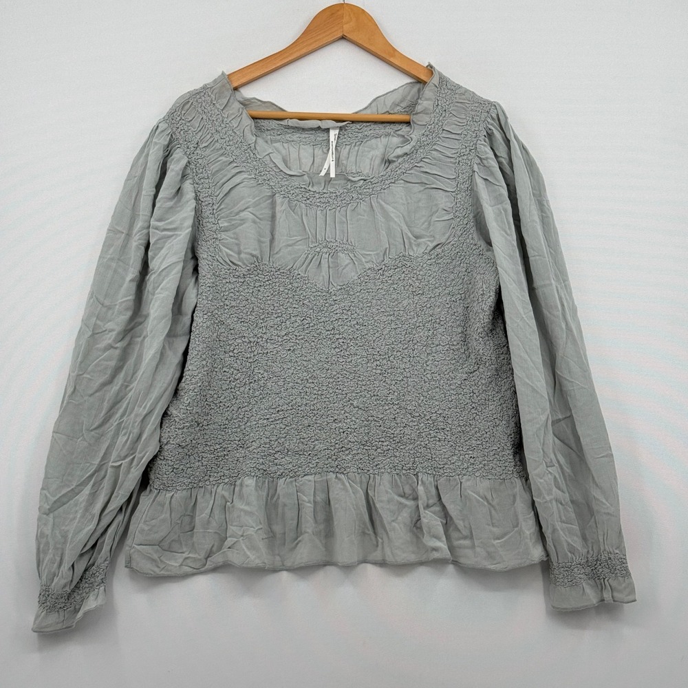 Anthropologie Blouse Womens XL Green Smocked Ruffle Cottagecore Fairy Boho Top